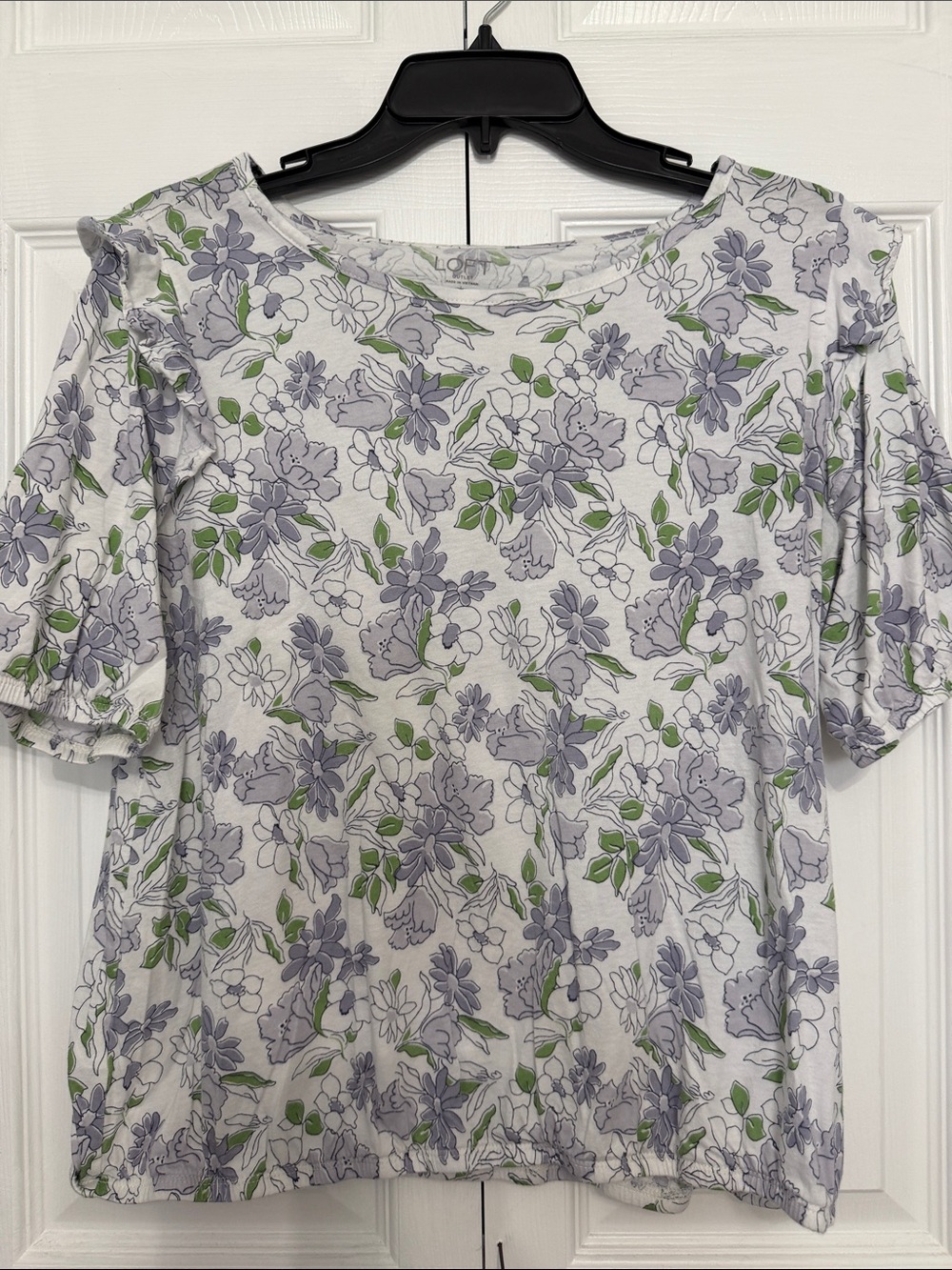 LOFT White Short-Sleeve Tee with Lavender Floral Print and Green Leaves